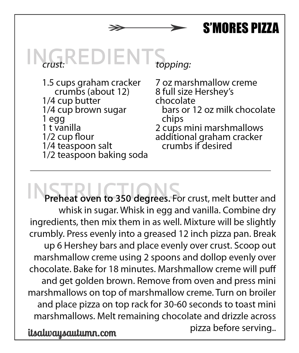 s\'mores pizza recipe card
