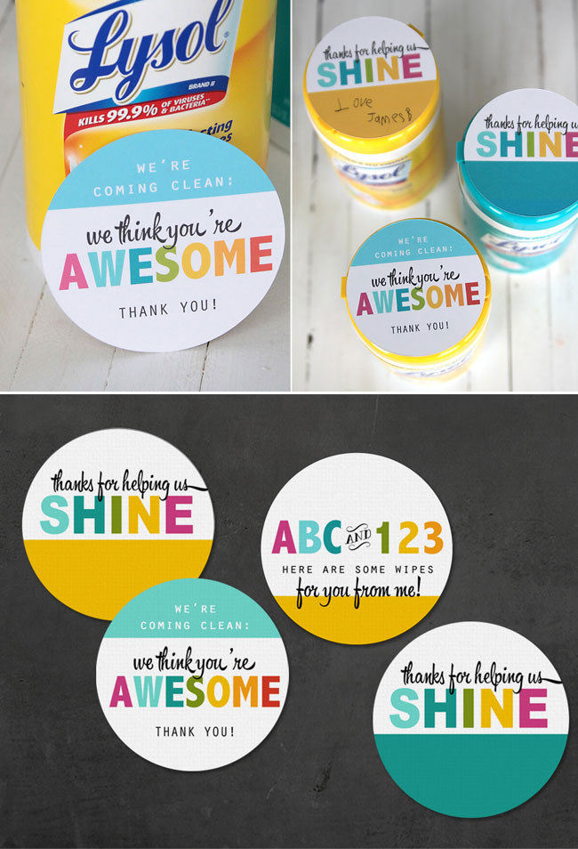 this is a great teacher appreciation gift! sanitizing wipes with cute printable sayings - cheap, easy, and practical.