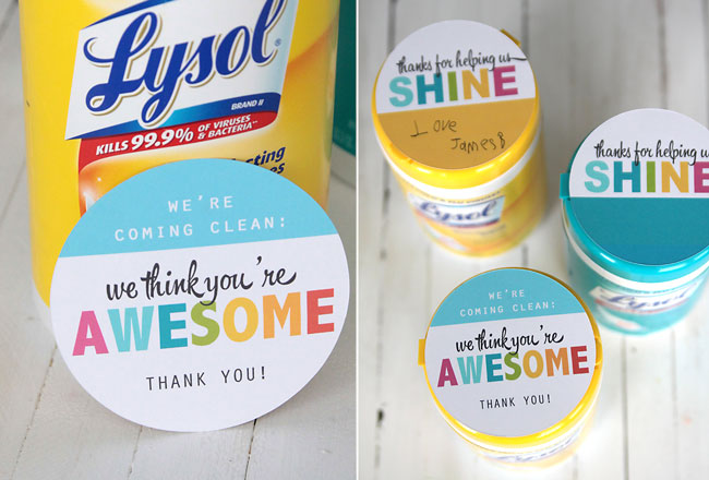 Lysol wipes with cute tags for teachers