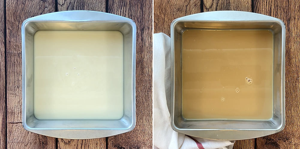 Sweetened condensed milk in pan before and after baking, turned caramel colored after