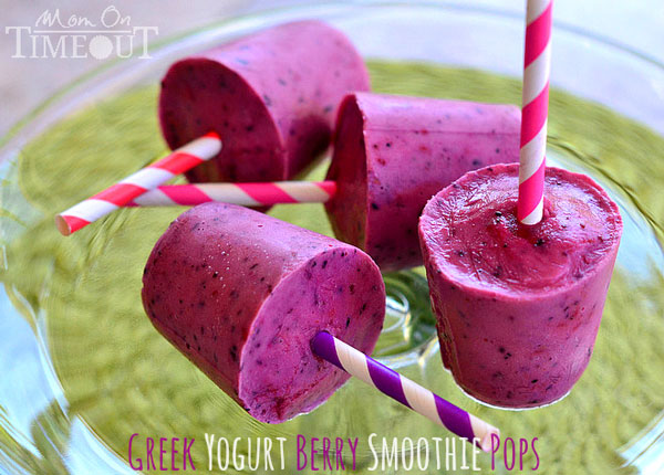 Greek yogurt berry smoothie pops with straws for sticks