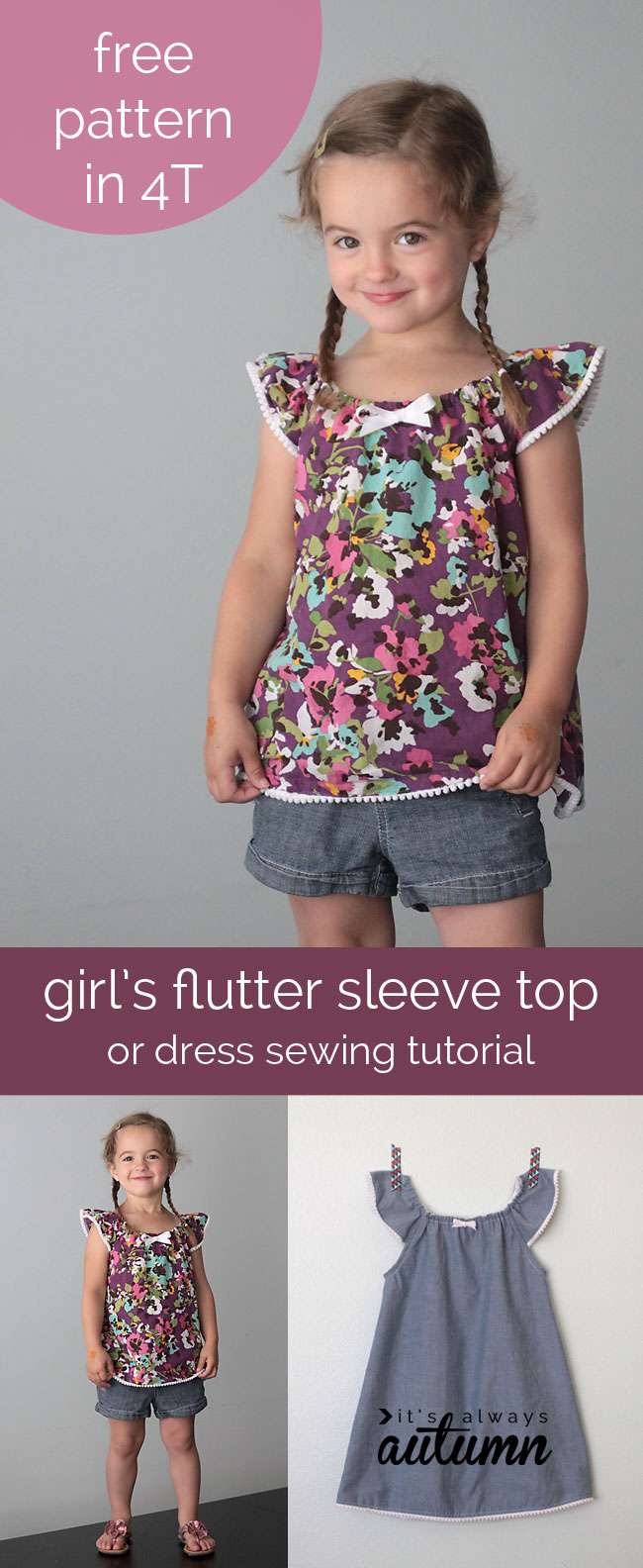 girl wearing a purple flutter sleeve top made from a free sewing pattern