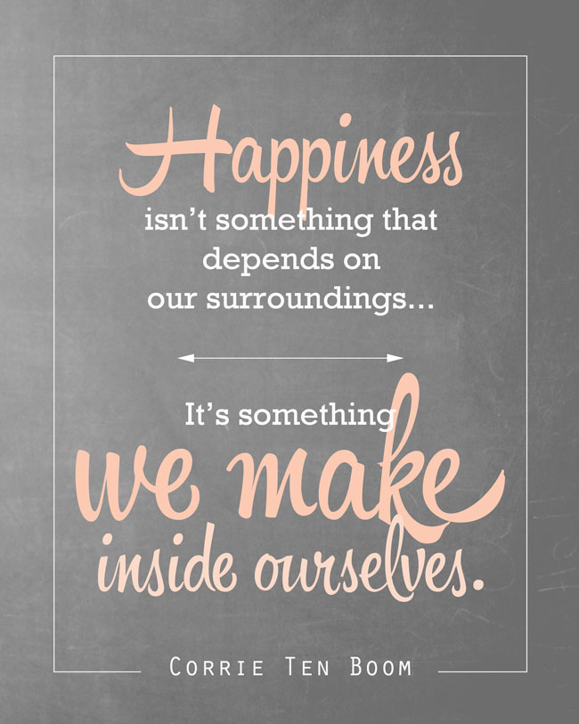 A chalkboard sign that says Happiness ins\'t something that depends on our surroundings...It\'s something we make inside ourselves