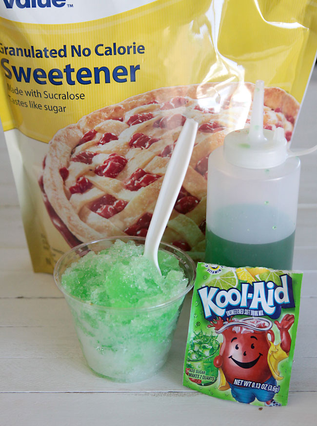 sugar free sweetener, snow cone, kool aid packet, syrup in a squeeze bottle