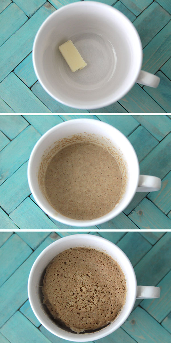 Mug with butter; mug with batter; mug with cooked muffin in it