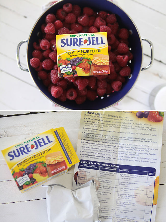 Colander full of raspberries and box of Sure Jell pectin