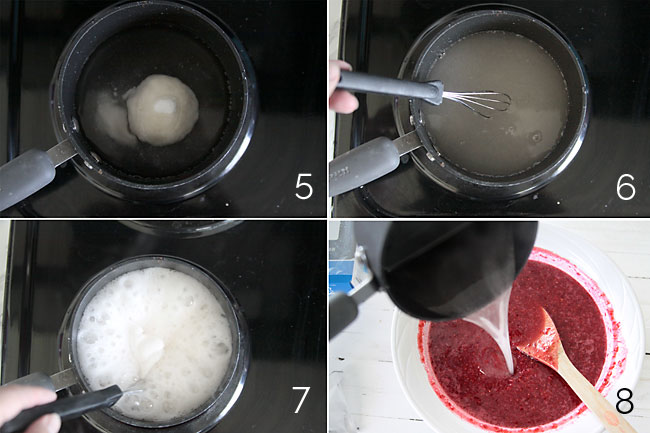 Boiling water and pectin and pouring it into the berries and sugar