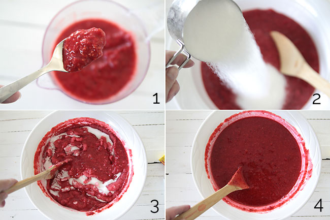 Stirring sugar into mashed raspberries