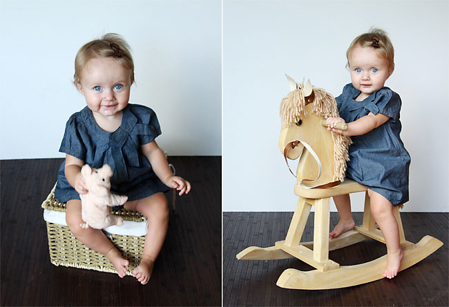 A small girl sitting on a basket, then sitting on a wood rocking horse