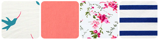 Apricot colored fabric; white and pink floral fabric