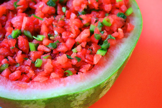 watermelon salsa in a watermelon