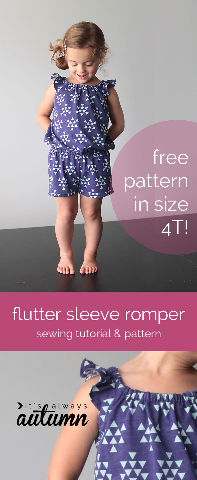 FREE pattern for this adorable girl's romper in size 4T and sewing tutorial for other sizes