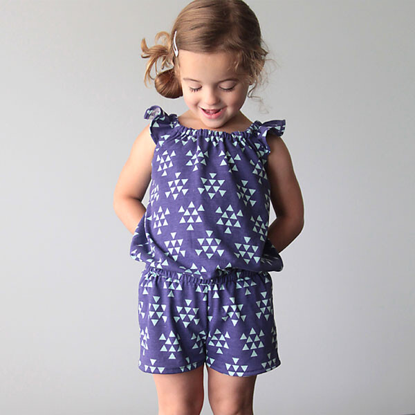 A little girl in a blue flutter sleeve romper