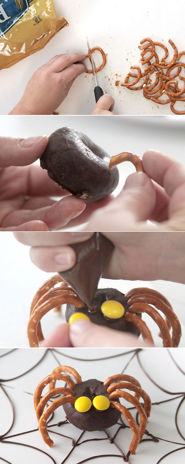 Using pieces of pretzel to make spider legs and M&Ms for eyes