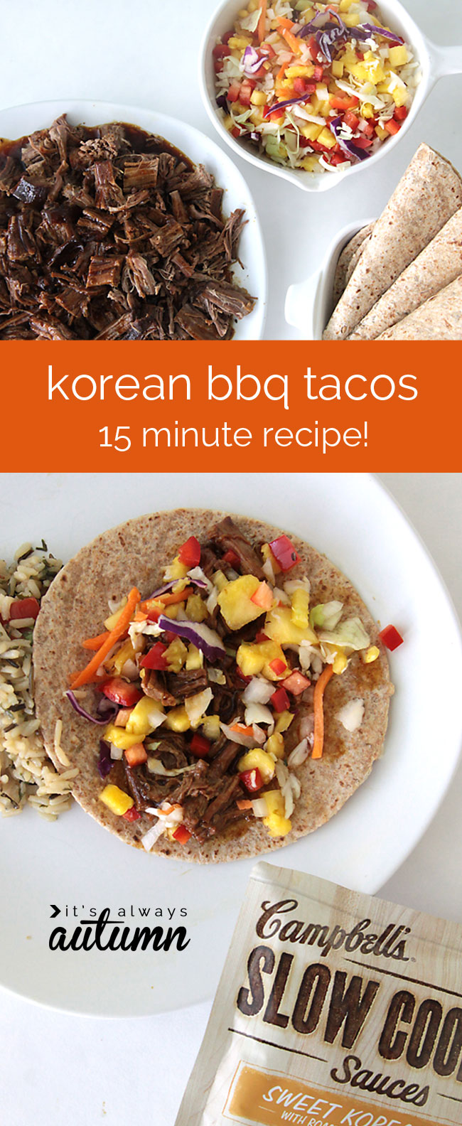 sweet korean bbq tacos are so easy to make in the slow cooker - they only take 15 minutes of prep time - and even the kids will love them!