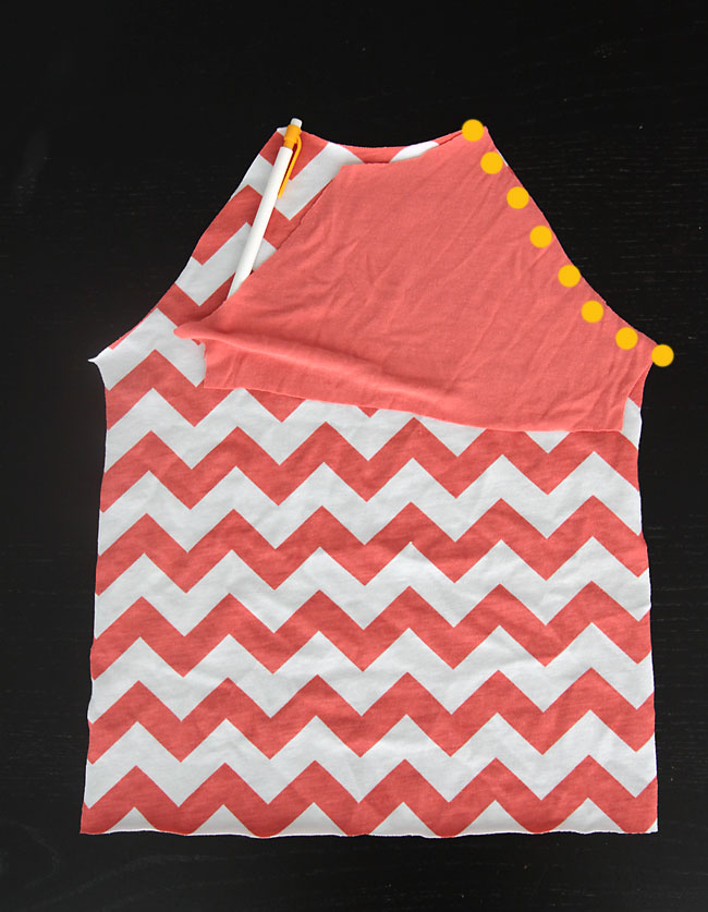 Sleeve piece laid over shirt back piece, matched at shoulder