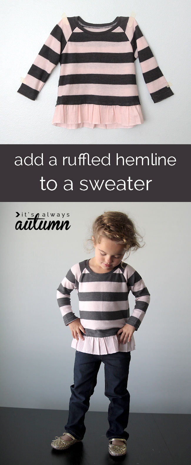 how to add a cute ruffled hem to a girl's sweater - easy sewing tutorial