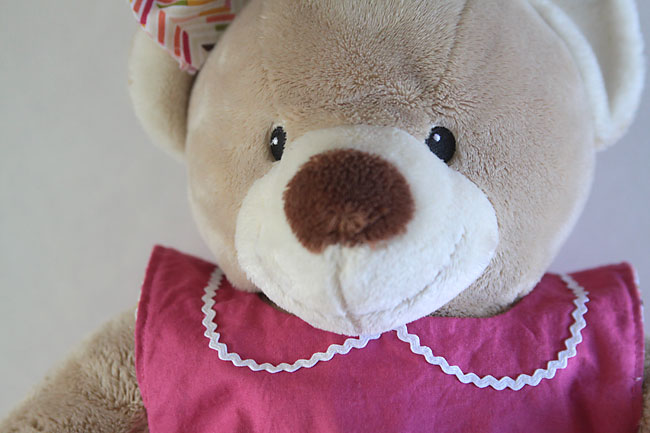 A teddy bear wearing a top made from a free sewing pattern