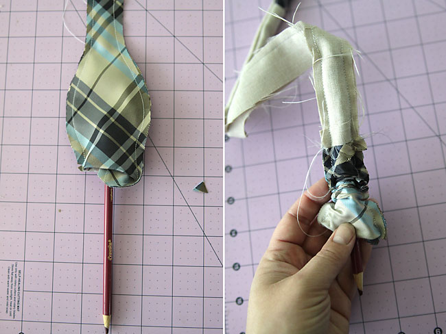 using a pencil to turn the bowtie right side out