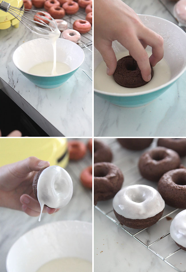 Dipping donuts into glaze