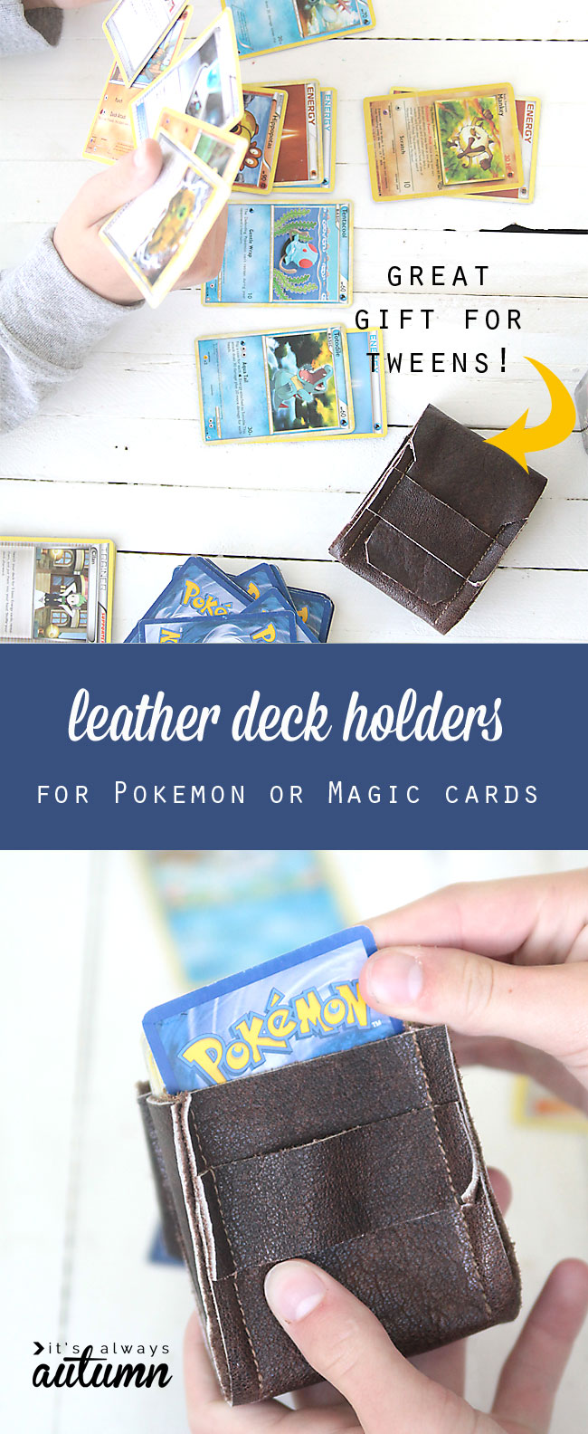 kids playing with pokemon cards; DIY leather deck holder for cards