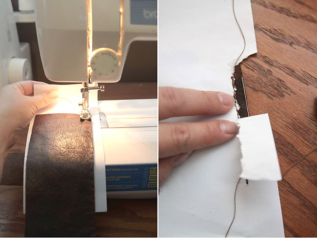 sewing leather on a sewing machine with a piece of paper under it