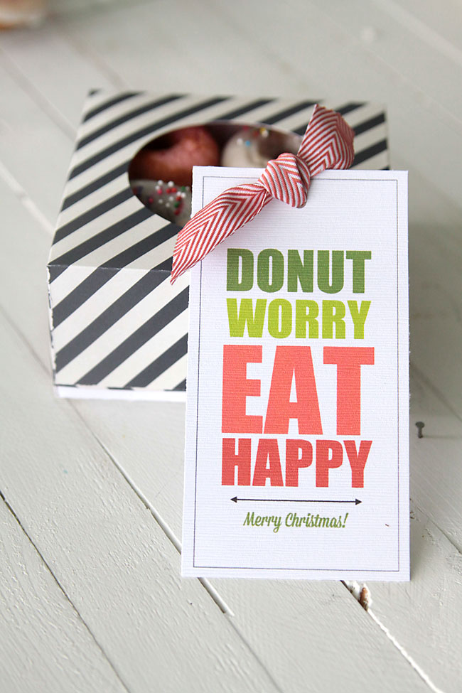 "donut worry, eat happy" free printable donut gift tags 