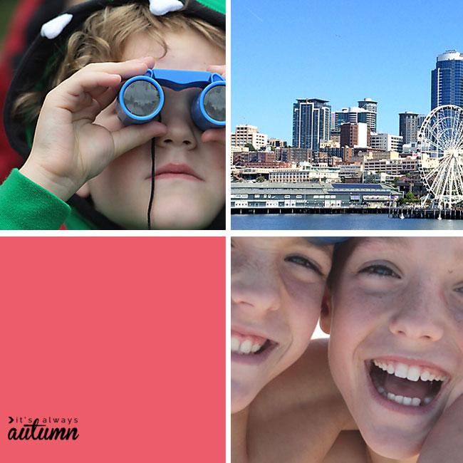 collage of kids laughing, boy with toy binoculars, cityscape