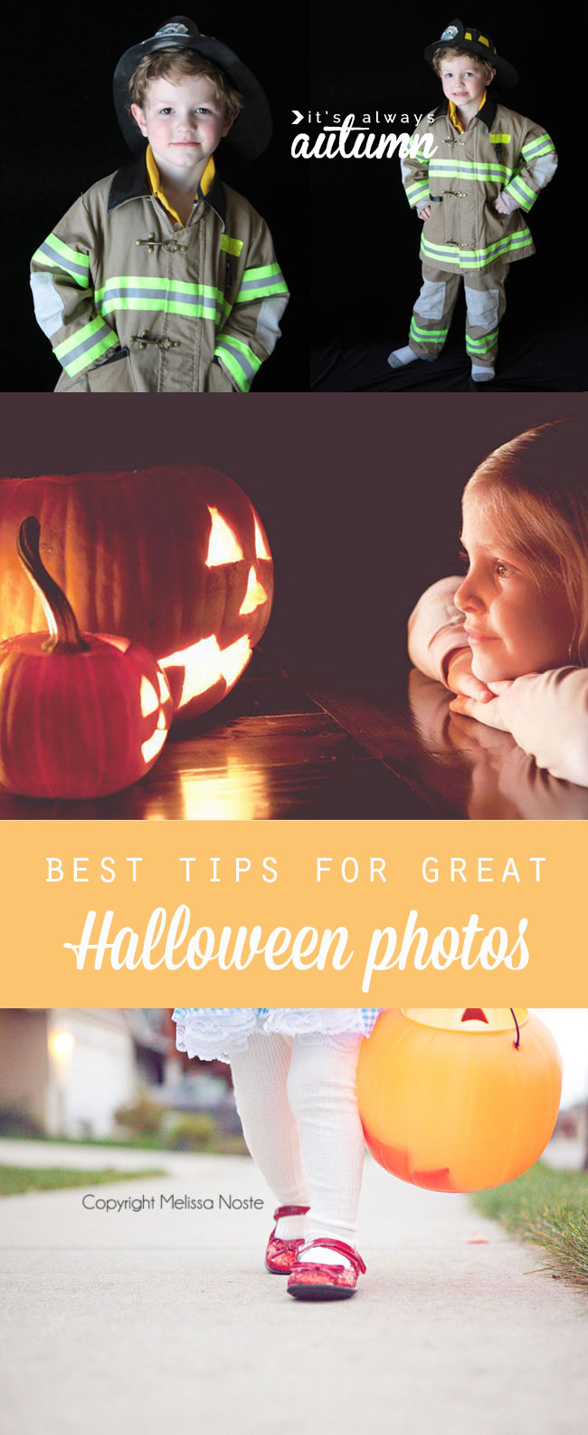 Halloween photos: boy dressed as firefighter; girl looking at jack o lantern; baby girl in ruby slippers