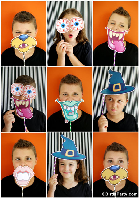 kids using halloween photo props for funny photos