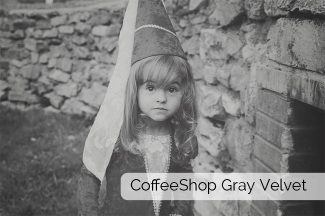 A little girl in a princess costume in black and white