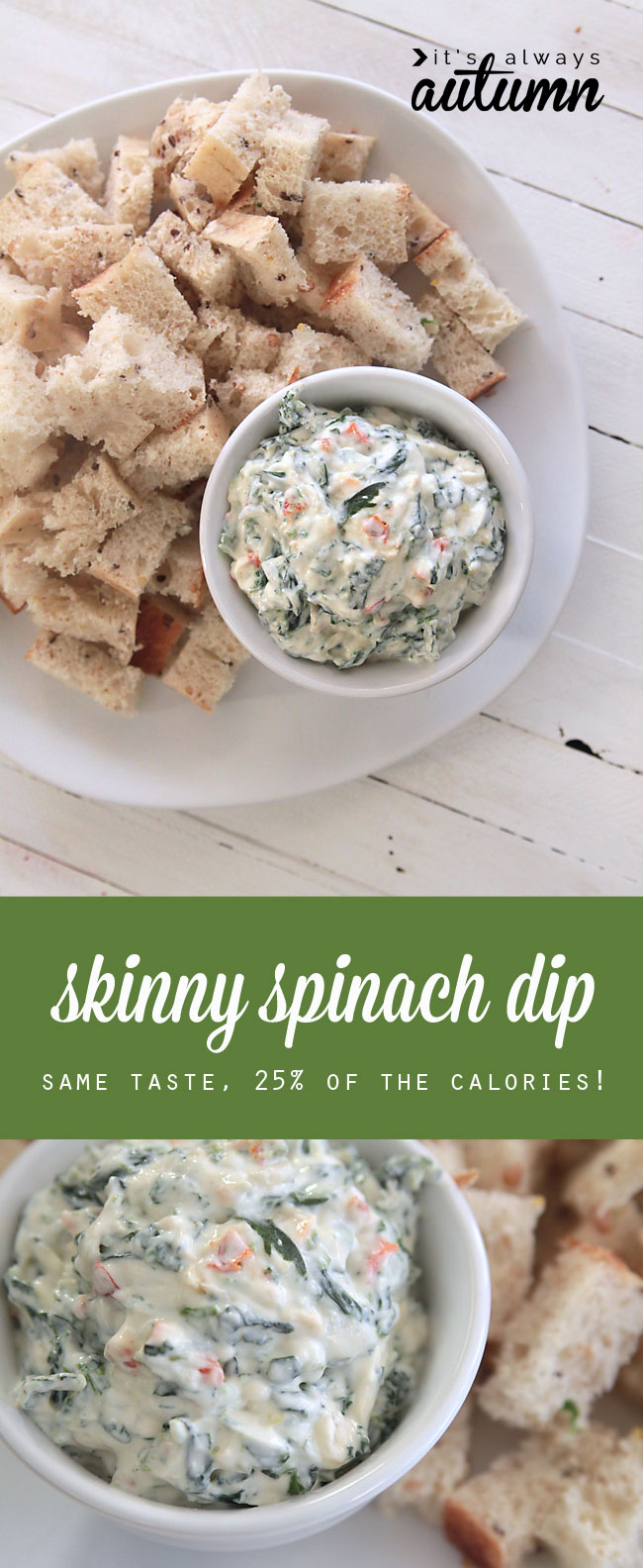skinny spinach dip in a bowl with pieces of bread surrounding it