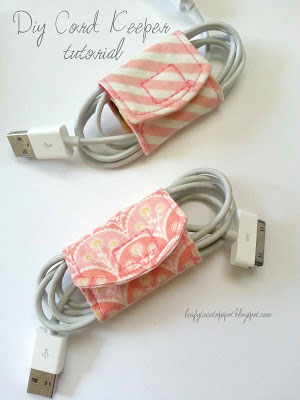 computer cords wrapped in DIY fabric cord keepers
