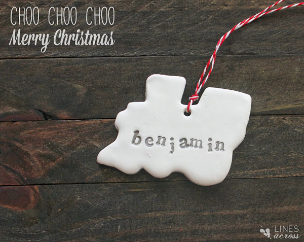 Train shaped salt dough Christmas ornament with name stamped on it