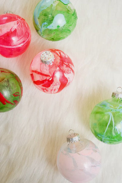 Christmas ball ornaments with marbled color on them