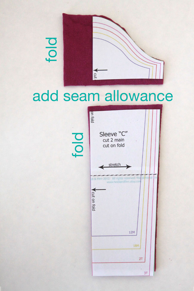 upper portion of sleeve cut with a couple extra inches between fold and pattern; lower sleeve pattern cut on the fold