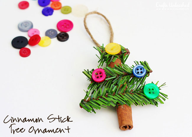 Christmas tree ornament made from cinnamon stick, pine needles and buttons