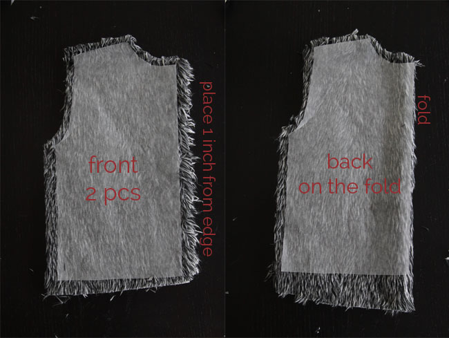 two front pieces cut from faux fur, one back piece cut on the fold