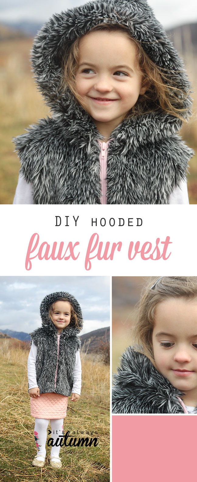 a little girl wearing a hooded faux fur vest made from a sewing tutorial