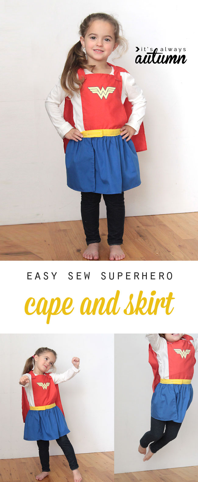 A little girl playing in a superhero cape and skirt