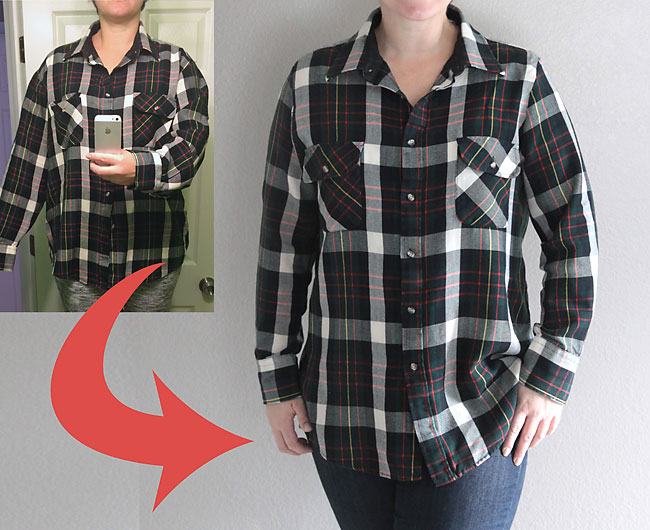 A woman wearing a shirt that has been taken in to fit better