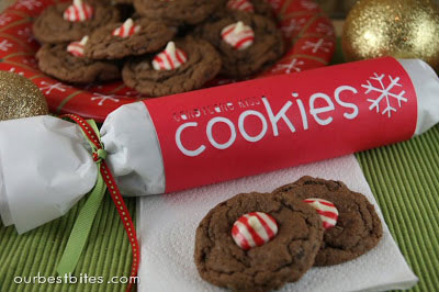 roll of cookie dough wrapped in paper and tied with ribbons with chocolate cookies