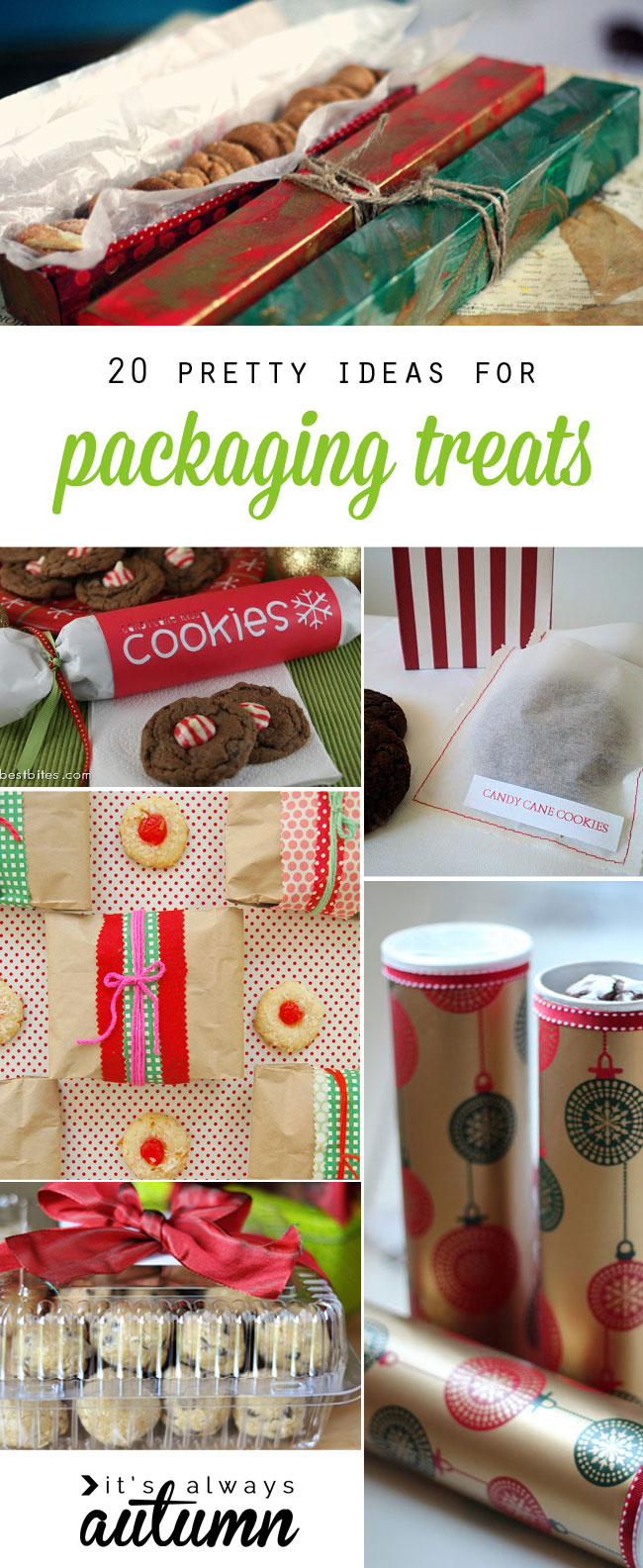 great roundup of DIY treat packaging ideas. Good ideas for packaging up cookies, cupcakes, candy and more for Christmas & holiday gifts.