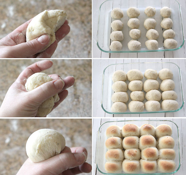 Forming dinner roll shapes, and rolls placed in a 9x13 glass dish