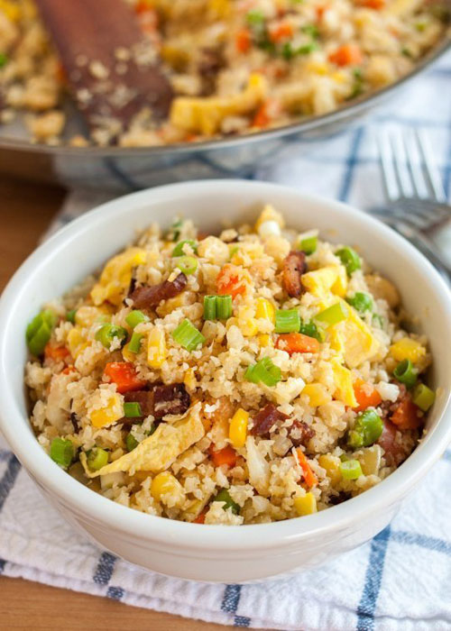 Fried cauliflower rice in a bowl