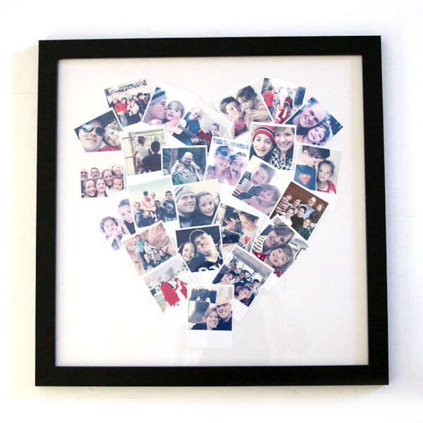 Photos arranged in a heart shape in a frame