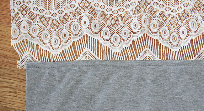 knit and lace fabric sewn together and topstitched