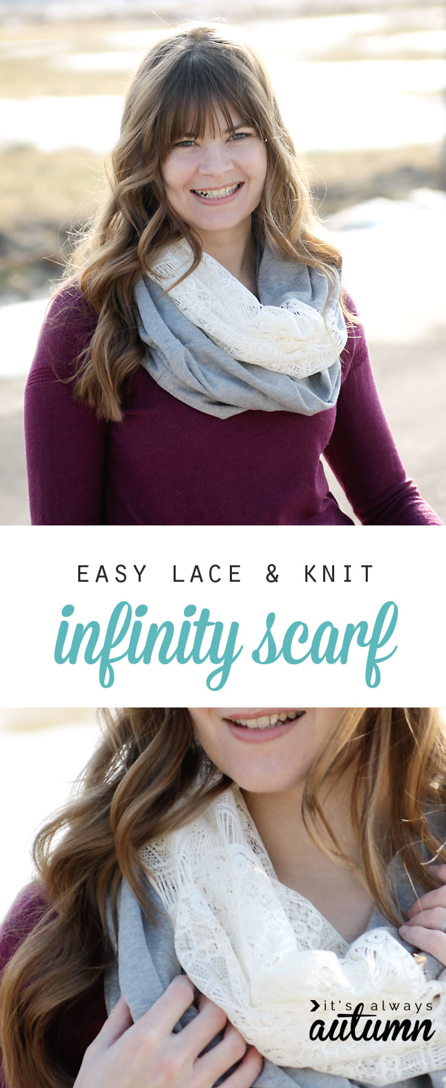 woman wearing an easy to sew lace and knit infinity scarf