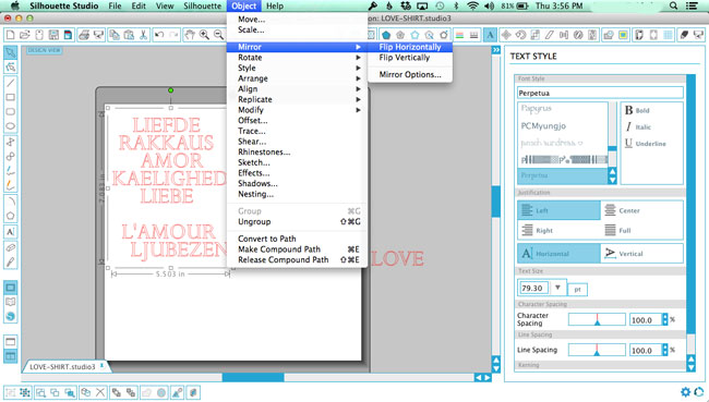 flip horizontally words in silhouette studio