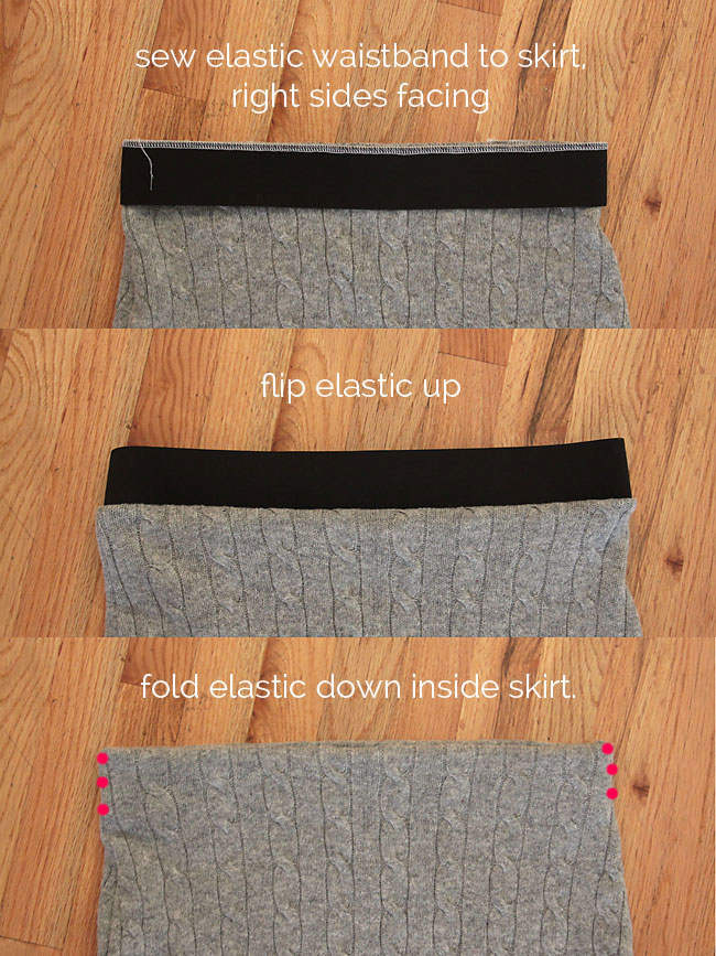 Elastic sewn over waist of skirt, then flipped inside the skirt and sewn down at the side seams